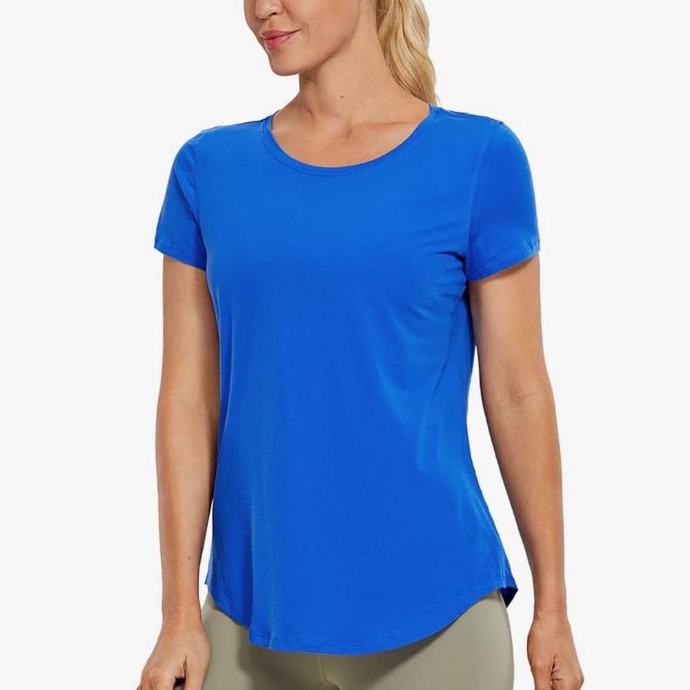 CRZ YOGA Women’s Pima Cotton Vibrant Blue Short Sleeve Yoga Tee Shirt